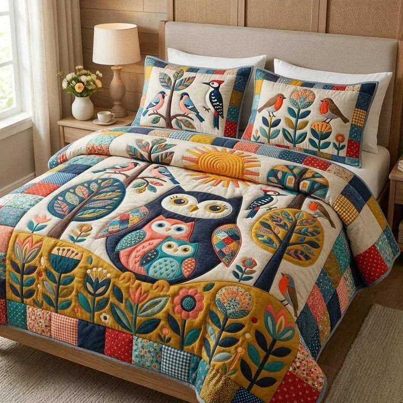 Owl Family Bamboo Quilt Bedding Set