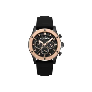 Herrenuhr mit schwarzem Silikonarmband, roségoldener Lünette und schwarzem Chronodial