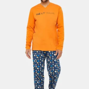Pyjama long Homme Thé Lit Travail Marine et Orange 1