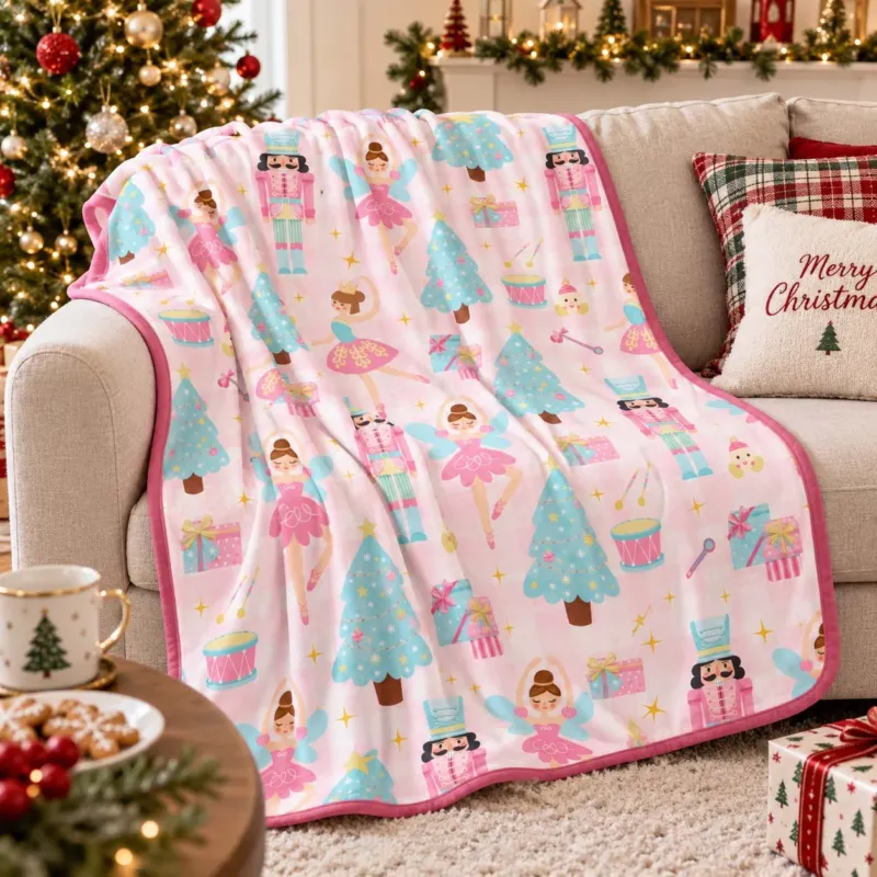 Pink Nutcracker Ballerina Christmas Bamboo Blanket