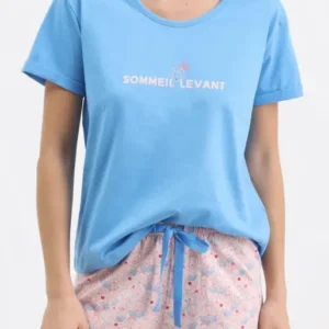 Pyjama Femme Sommeil levant Imprimé illustrations japonnaise bleues et roses 1