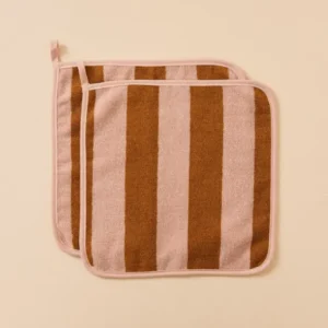 TBCo Terry Cotton Face Cloths Set of 2 in Honeycomb Stripe with soft pink and warm brown wide stripes and hanging loop