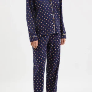 Pyjama boutonné long femme bleu marine croissant 1