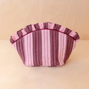Curved Cotton Wash Bag in Pink & Burgundy Stripe by TBCo, featuring ruffled top and quilted striped design detail