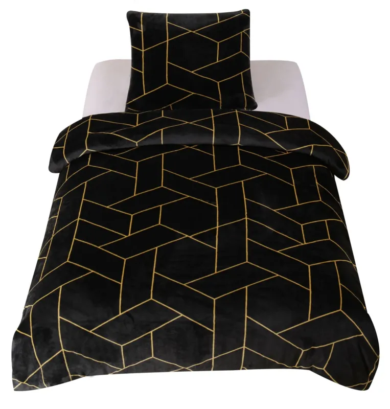One Home Winter Bettwäsche Teddy Plüsch geometrisch schwarz gold modern Flauschig Warm