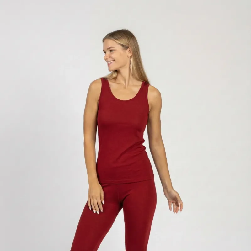 Women’s Merino wool tank top and leggings in royal cherry color, lightweight thermal base layer set