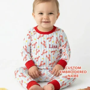 Personalized Embroidered Crawfish Summer Baby Bamboo Two Piece Long Sleeve Pajama Set