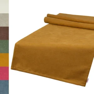 Curry-gelber Tischläufer ca. 40x140 cm Chenille-Haptik beties "FarbTon". Seitlich sind alle 7 erhaeltliche Farben des Tischlaeufers abgebildet.