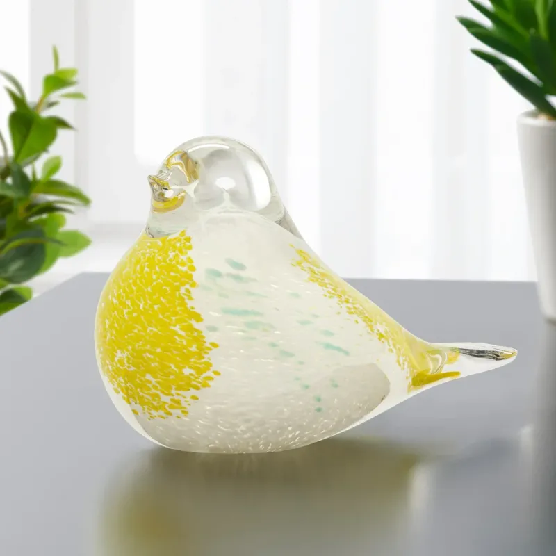 Bird Glass Paperweight White & Yellow