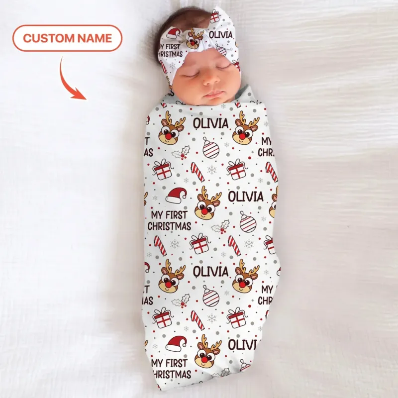 Custom Name Reindeer Doodle My First Christmas Swaddle Blanket , Custom Name Reindeer Doodle My First Christmas Swaddle Blanket - Default Title