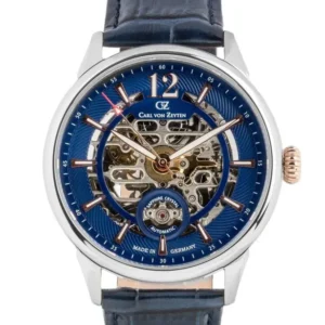 Silberne Herrenuhr von Carl von Zeyten mit blauem Skelettzifferblatt und Lederband