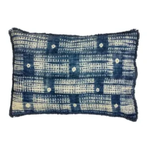 Zierkissen Elwin – Baumwollkissen in Blau mit Print & Fransen