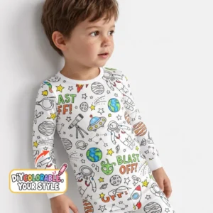 Blast Off Space Adventure Colorable Bamboo Two Piece Long Sleeve Pajama Set