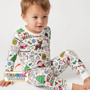 Merry Christmas Doodle Party Colorable Bamboo Two Piece Long Sleeve Pajama Set