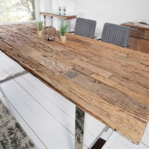 BARRACUDA Massiver Esstisch 180cm antik Teak Holz mit Stahl Kufenfüßen inkl. Glasplatte
