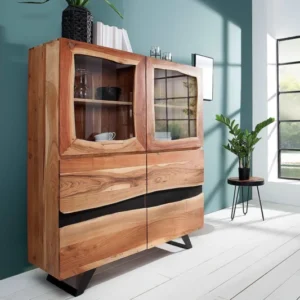 AMAZONAS Massives Highboard 140cm Akazie Metall Vitrine Baumkante