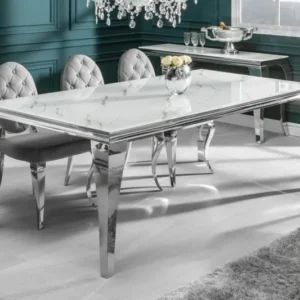 Design Esstisch MODERN BAROCK 180cm weiß chrom Glasplatte Marmor Edelstahlbeine