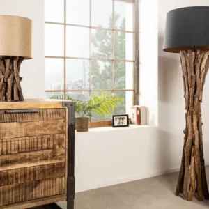 HARMONY Massivholz Stehlampe NATURE 151cm schwarz Teak mit Baumwollschirm