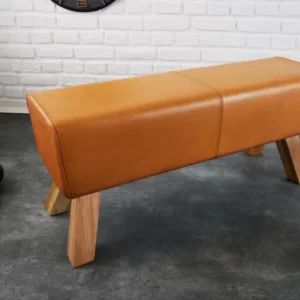 Design Sitzbank TURNBOCK 100cm cognac Echtleder Mangoholz Retro Sitzhocker