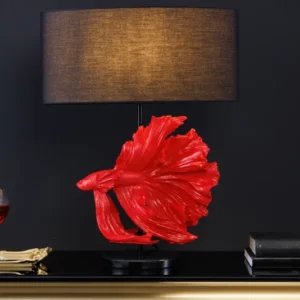 Design Tischlampe CROWNTAIL 65cm schwarz rot Stoffschirm Marmorfuß