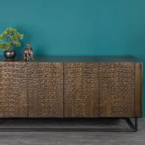 CROCO Handgefertigtes Sideboard 180cm Braun Mangoholz mit 3D Schnitzereien massiv schwarz Metall