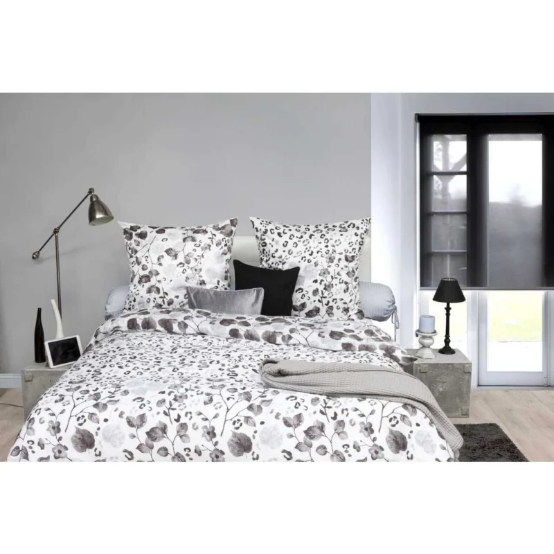 HnL Satin Bettwäsche Blüten Grau Weiß Schwarz Refined Milo 135x200 cm + 80x80 cm