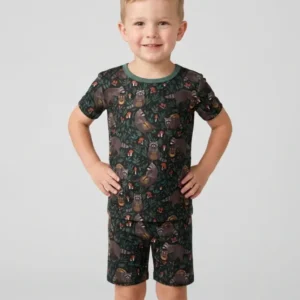Raccoon And Whimsical Mushroom Bamboo Two Piece Short Sleeve Shorts Pajama Set