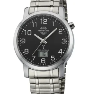 Herrenarmbanduhr mit silbernem Edelstahlarmband, schwarzem Zifferblatt und Zeigern