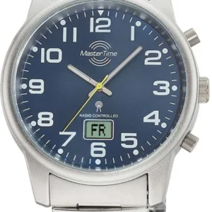 Herrenuhr mit blauem Zifferblatt, silbernem Edelstahlband und Datum „FR“