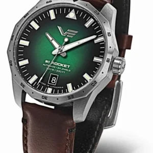Herrenarmbanduhr mit braunem Lederarmband und grünem Zifferblatt, Leuchtzeigern