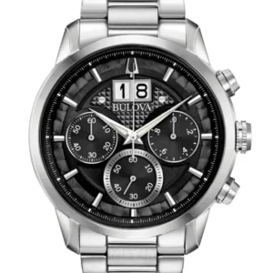 Bulova Chronograph-Armbanduhr mit schwarzem Zifferblatt und Edelstahlarmband für Herren