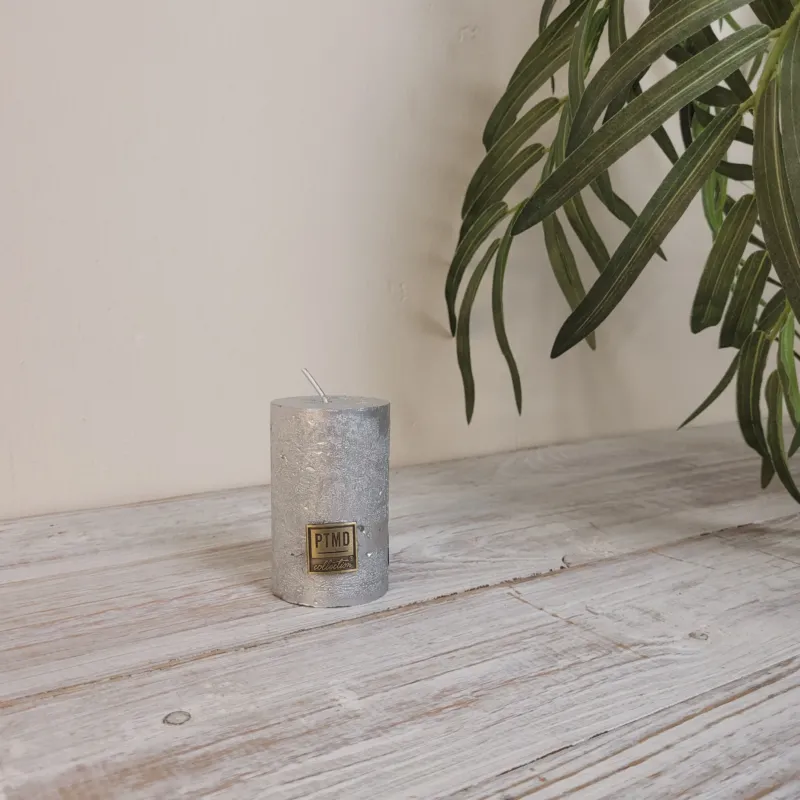 PTMD Stumpenkerze Silber Struktur Rustikal Kerze Deko 8cm