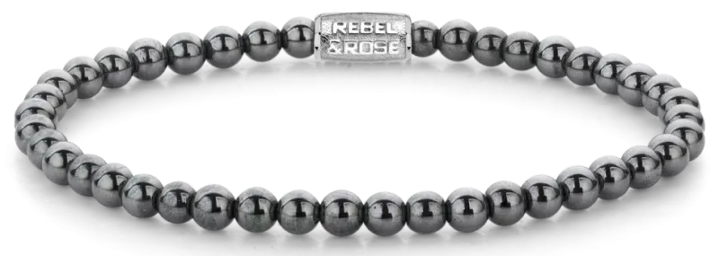 Armband aus Hämatit-Kugelperlen (4 mm) mit Edelstahlverschluss, Rebel&Rose-Anhänger