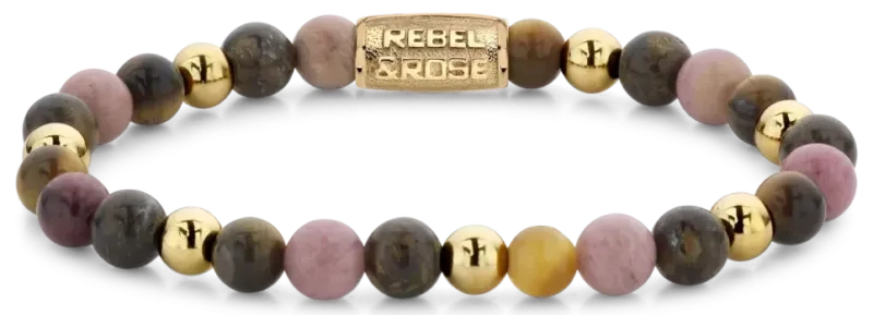 Edelsteinarmband mit 6-mm runden Perlen in Rosa, Grau, Lila und goldenem Metallverschluss