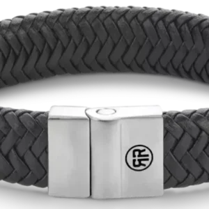 Schwarzes geflochtenes Lederarmband mit Edelstahl-Schließe, rechteckig, mit Logo