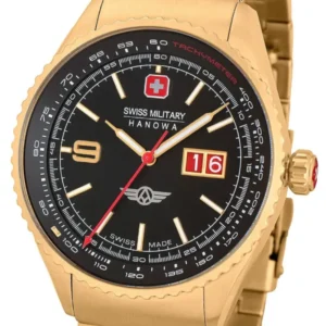 Schwarz-goldene Herrenarmbanduhr mit rotem Tachymeter und Datumsanzeige