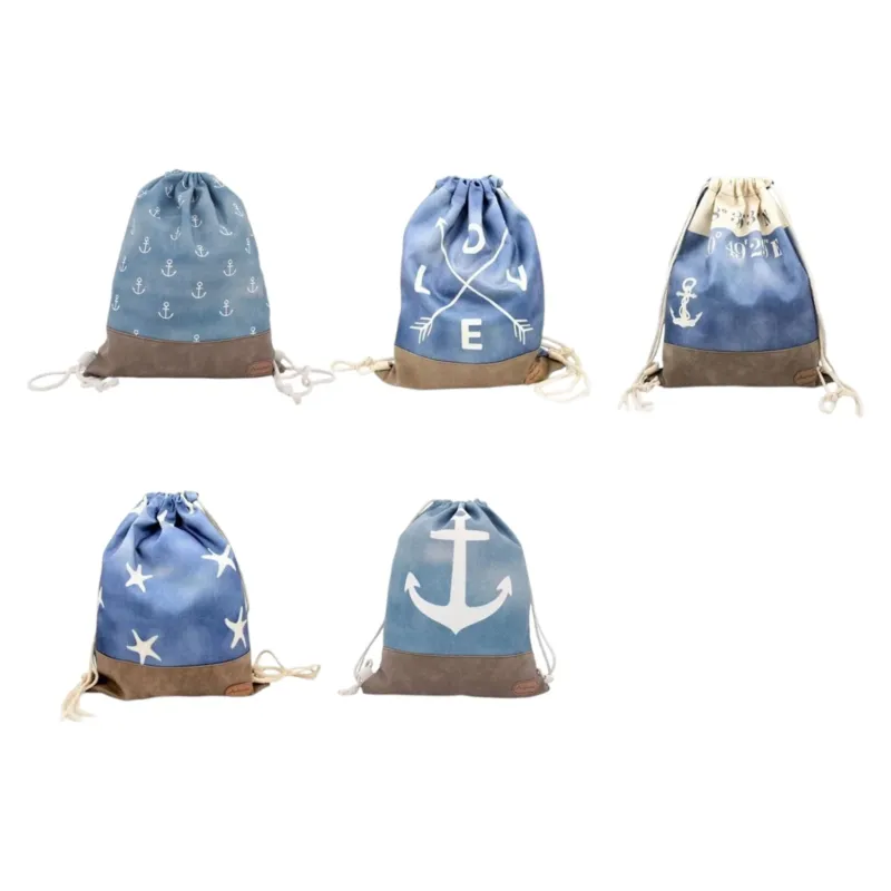Damen Turnbeutel » Maritimer Vintage Stil » Weiß/Blau/Braun ca. 35 x 45 cm » Damen Beutel » maritime Tasche mit Zugband